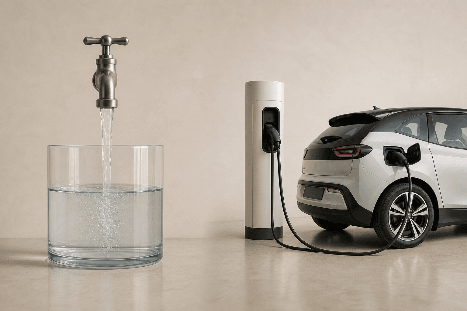Een vergelijking: links vult een kraan van boven een glazen reservoir; rechts levert een laadpaal via een kabel energie aan een elektrische auto